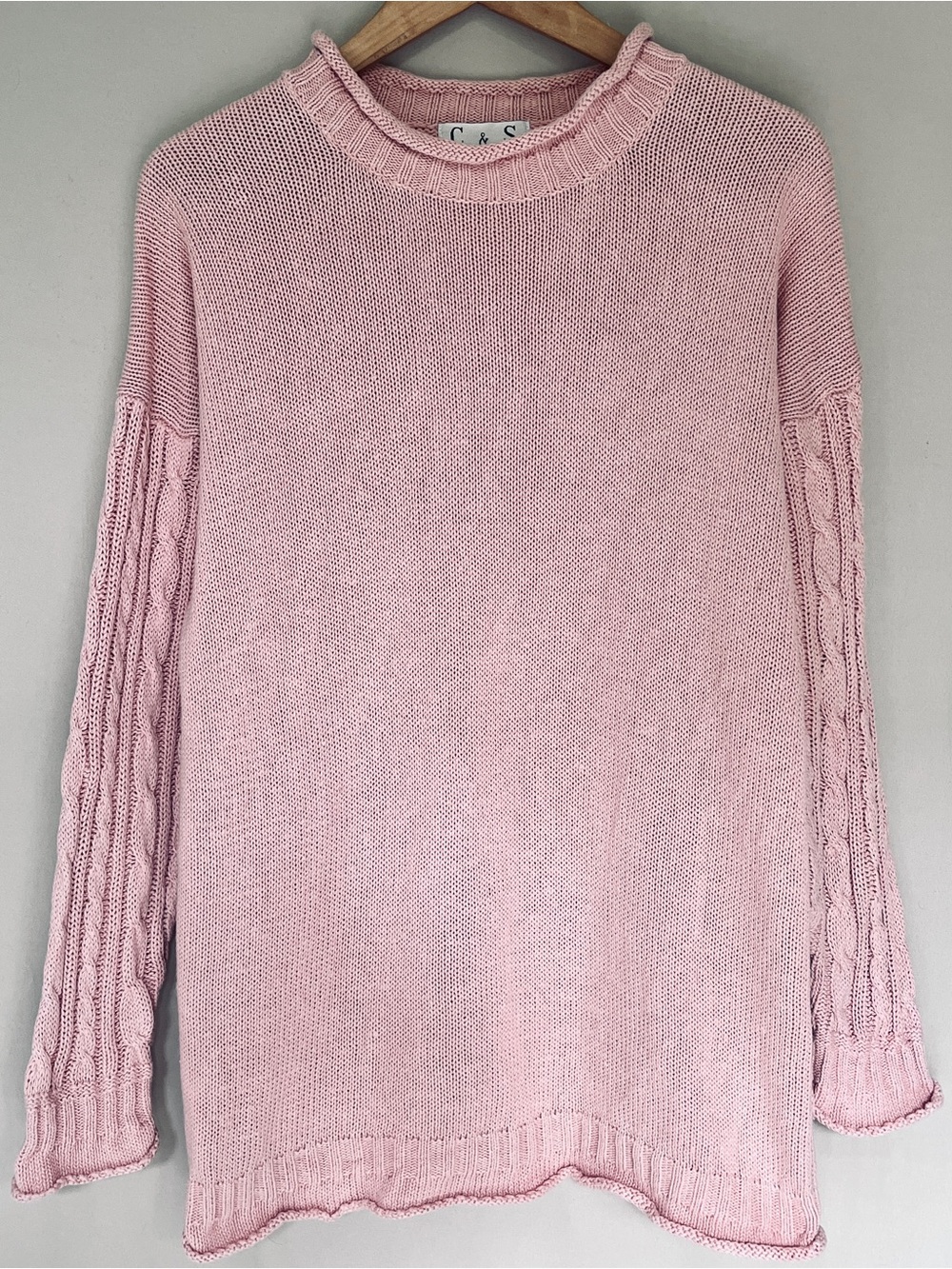 C&C Pink Ramie Cotton Knit Sweater Roll Neck Cable Sleeve Relaxed Fit